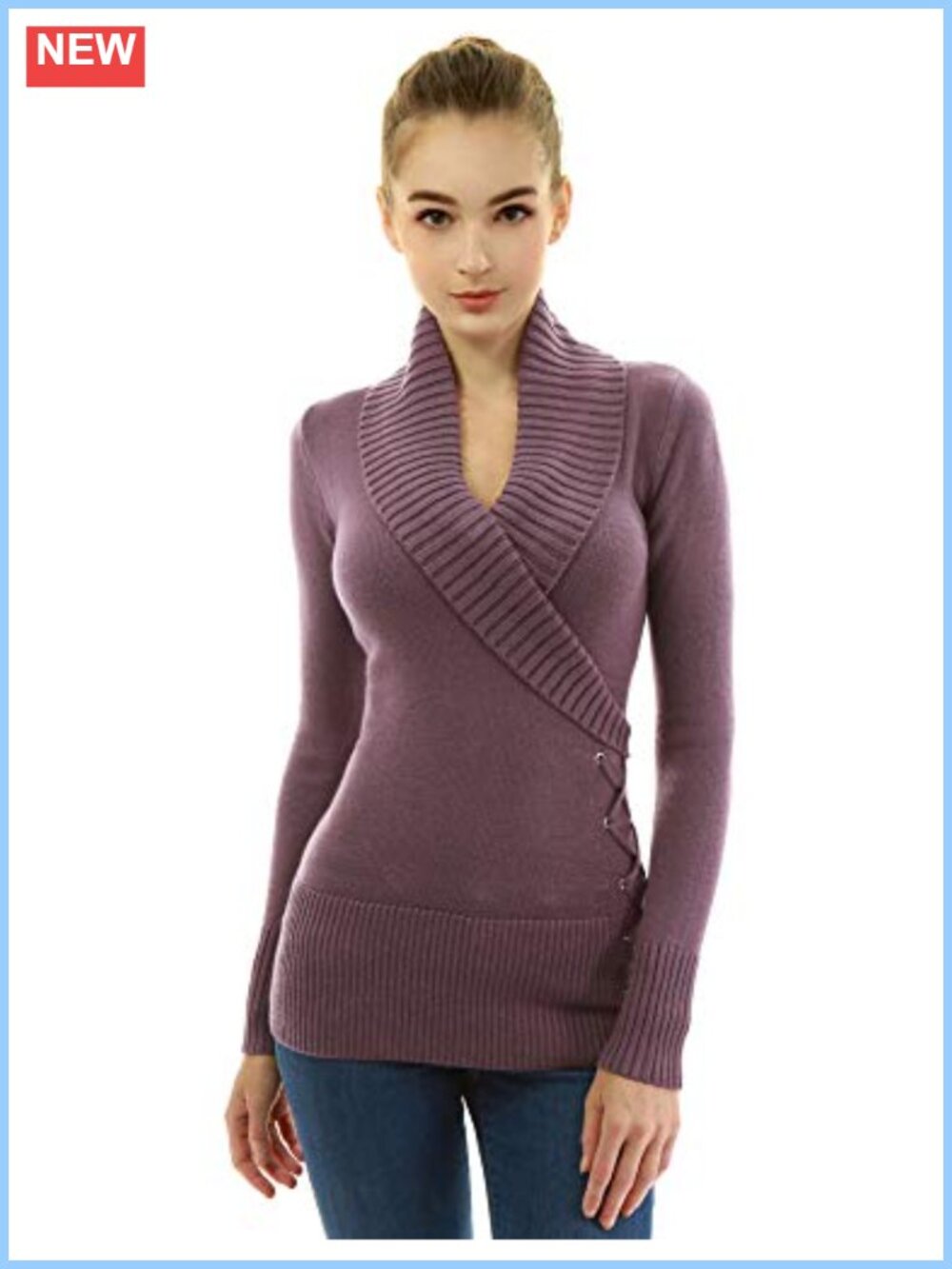 Slim Fit Faux Wrap Shawl Collar Lace Up Long Sleeve Acrylic Sweater Pullover